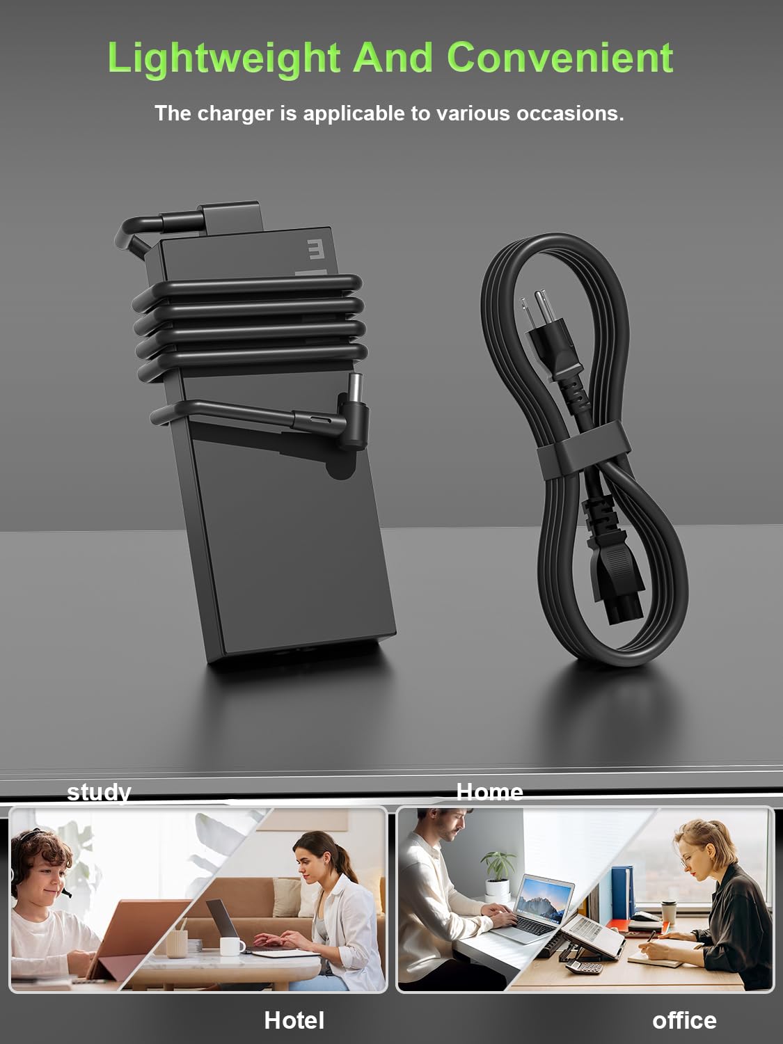PowerPortnerLink 180W charger in use on a desk with a laptop.