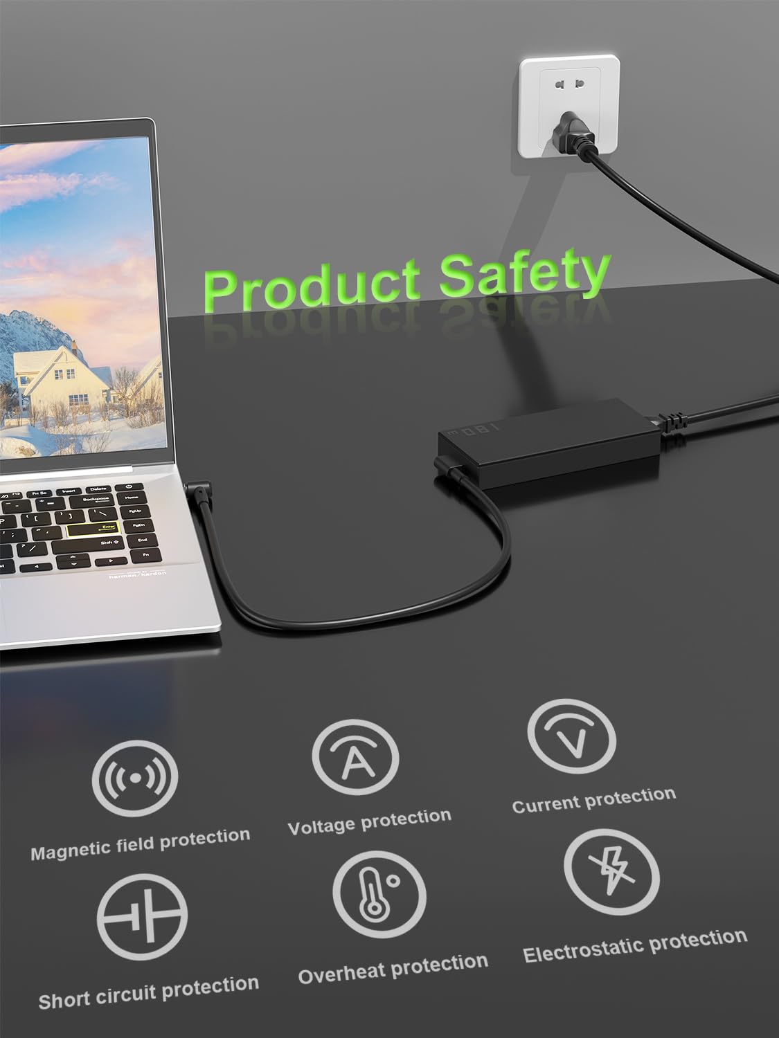 PowerPortnerLink 180W charger safety features illustration for safe daily use.