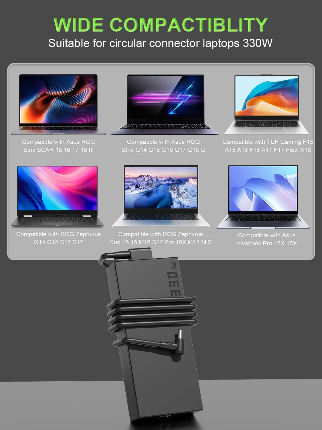PowerPortnerLink 330W Charger fast charging powers laptops quickly