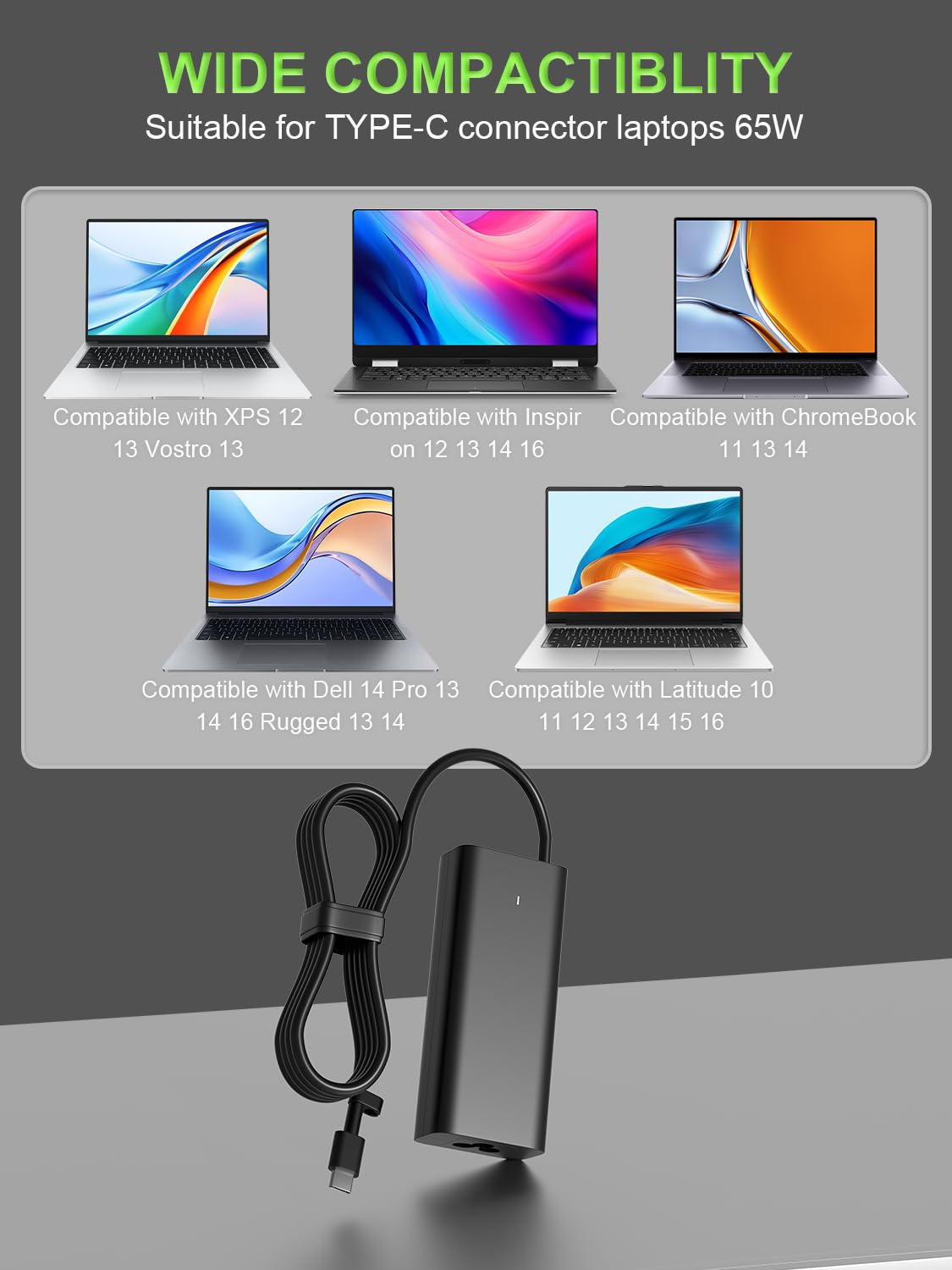 PowerPortnerLink 65W USB-C charger with detachable cord for versatile travel.