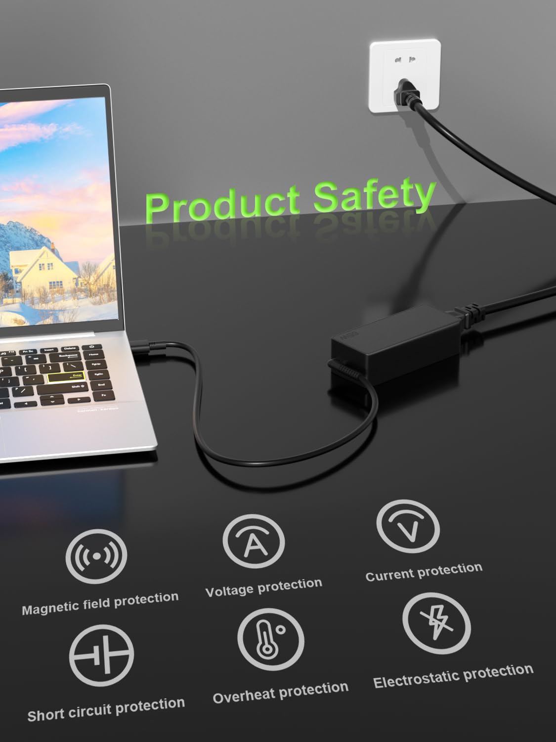 PowerPortnerLink 65W USB-C charger showing detachable US power cord for travel