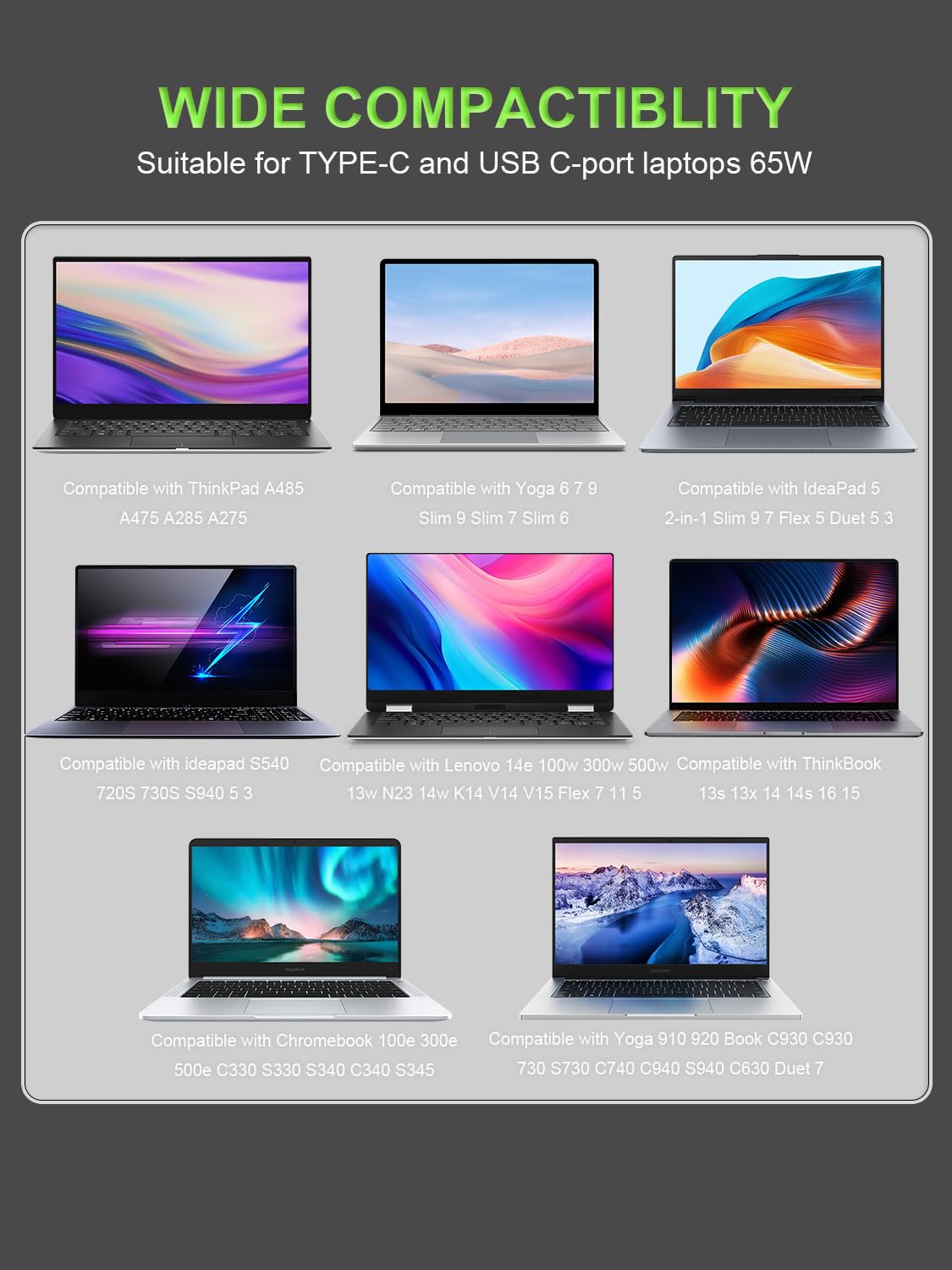PowerPortnerLink 65W USB-C charger highlighting high-performance Yoga/IdeaPad support