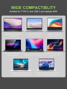 PowerPortnerLink 65W USB-C charger highlighting high-performance Yoga/IdeaPad support