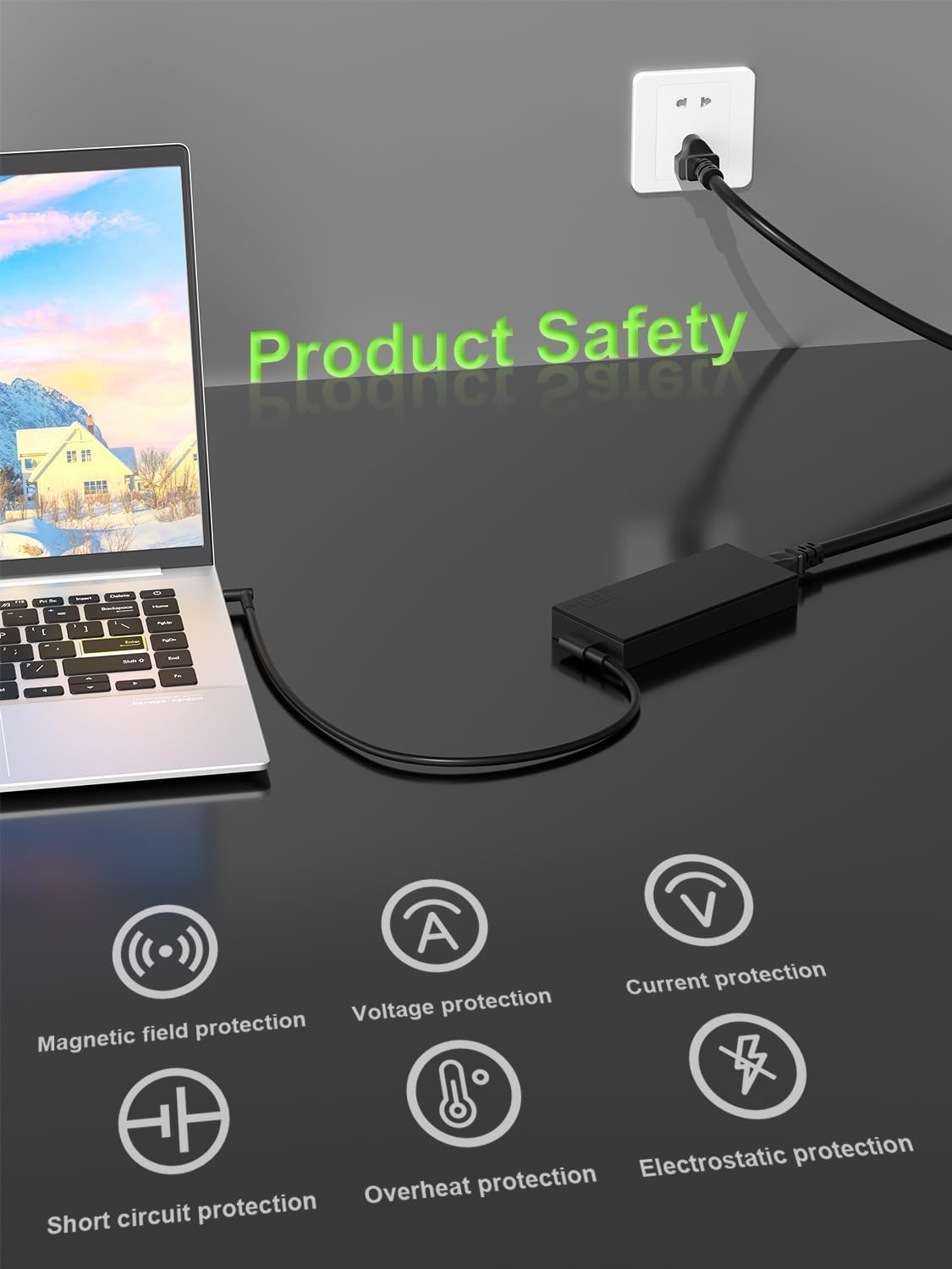 PowerPortnerLink Slim 65W charger universal input supports international travel.
