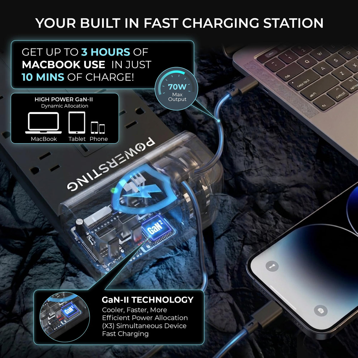 POWERSTING retractable USB-C cables extended to 2.62 ft for mess-free charging.