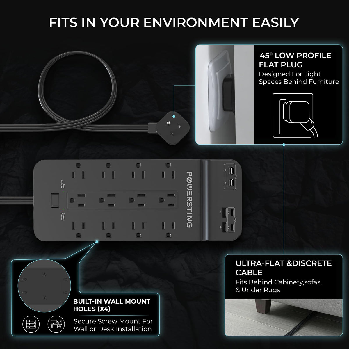 POWERSTING wide outlet spacing 1.5 inches accommodates bulky adapters.