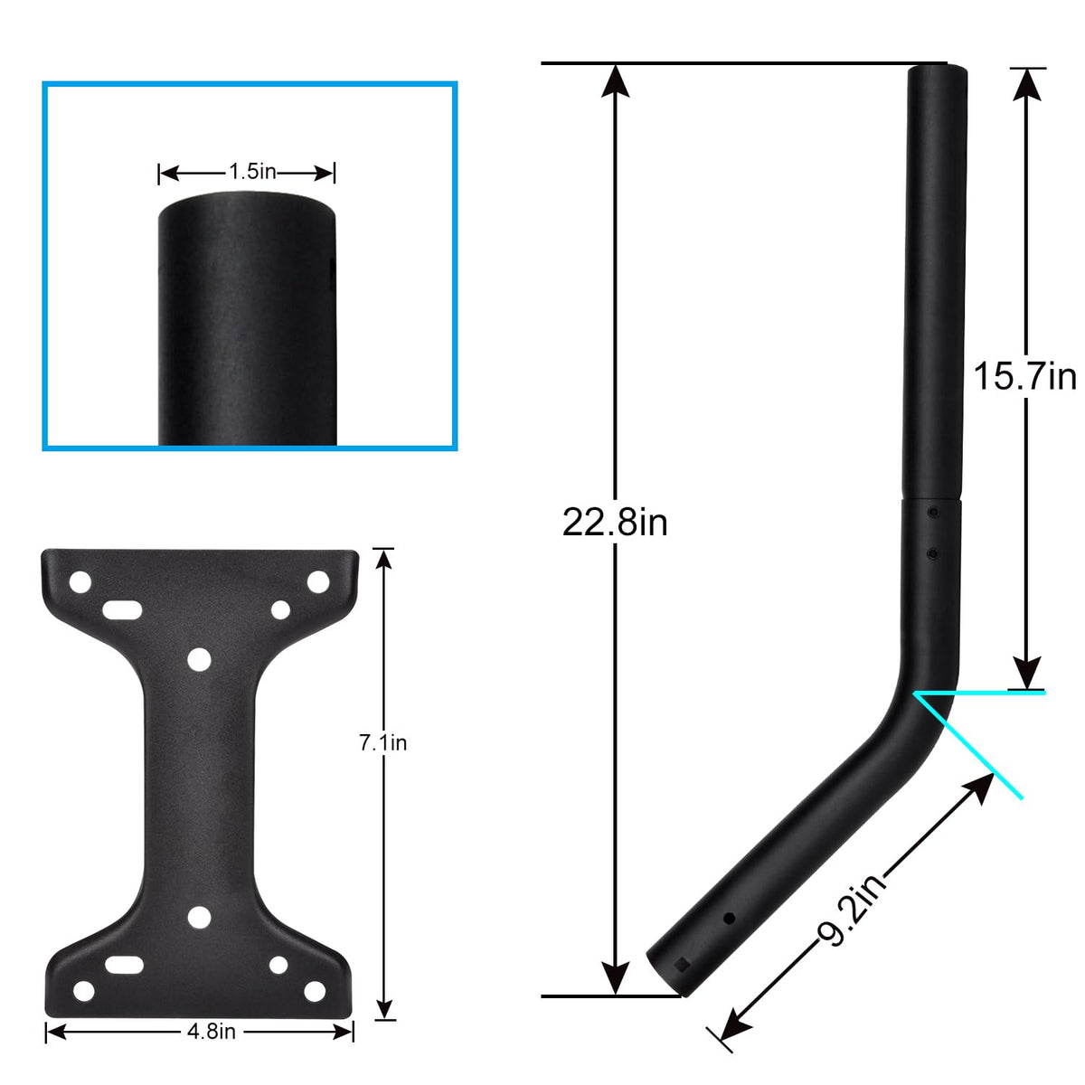PowGrow pole connection with scale comparison showing fit to 1.5‑inch pipe