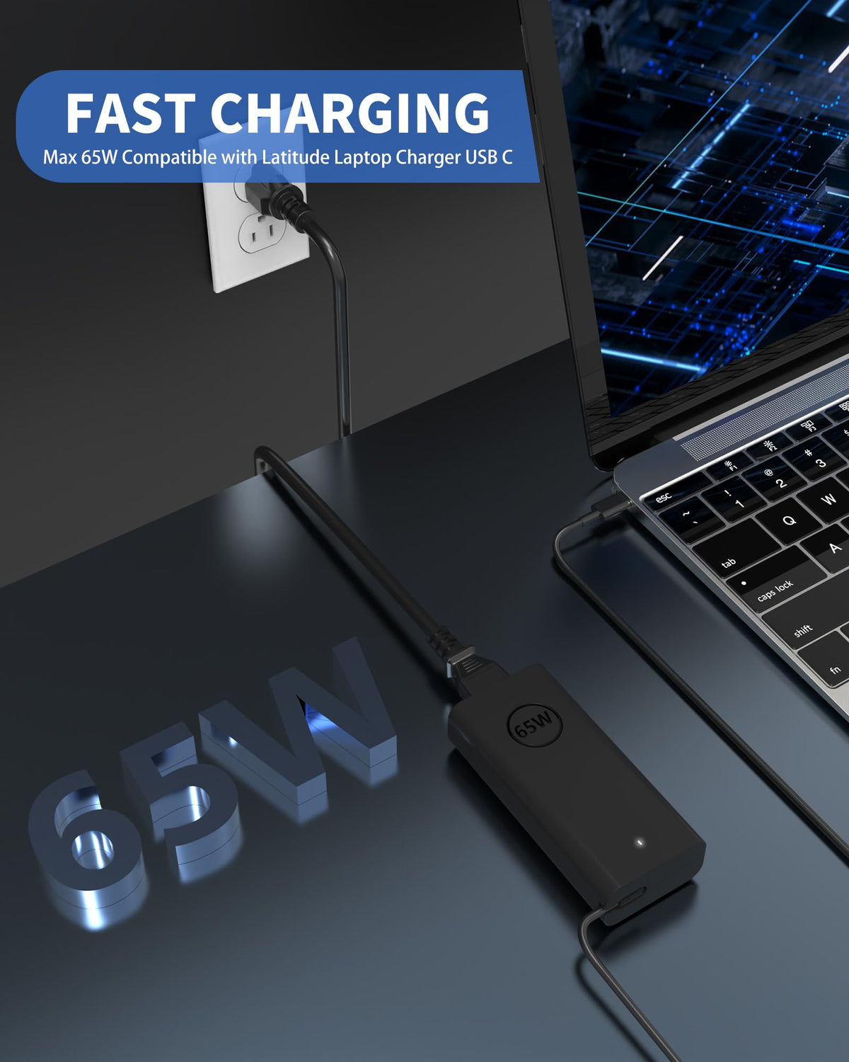 POWJDWZ 65W USB-C charger with coiled cable for easy portability