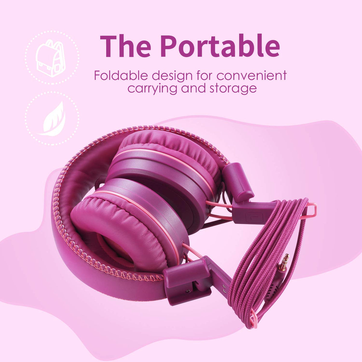 Powmee M1 on-ear design in purple for daily classroom use.
