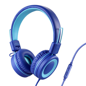 POWMEE P10 kids headphones folded for easy travel with blue finish.