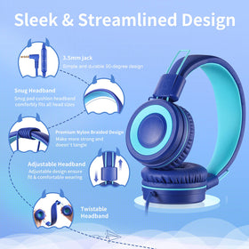 POWMEE P10 kids headphones with built-in microphone in blue for online learning.