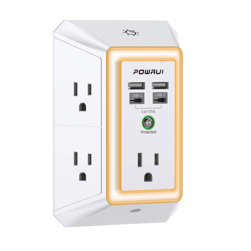 POWRUI 3-Sided outlet extender with night light for clutter-free power access.