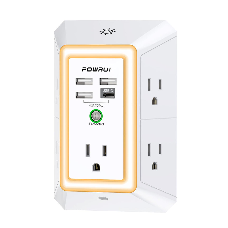 POWRUI 3-Sided Outlet Extender with night light, ideal for cluttered desks and night-time use.