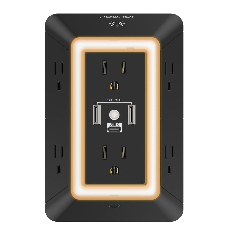 POWRUI outlet extender front view showing six spaced outlets for clutter-free charging.