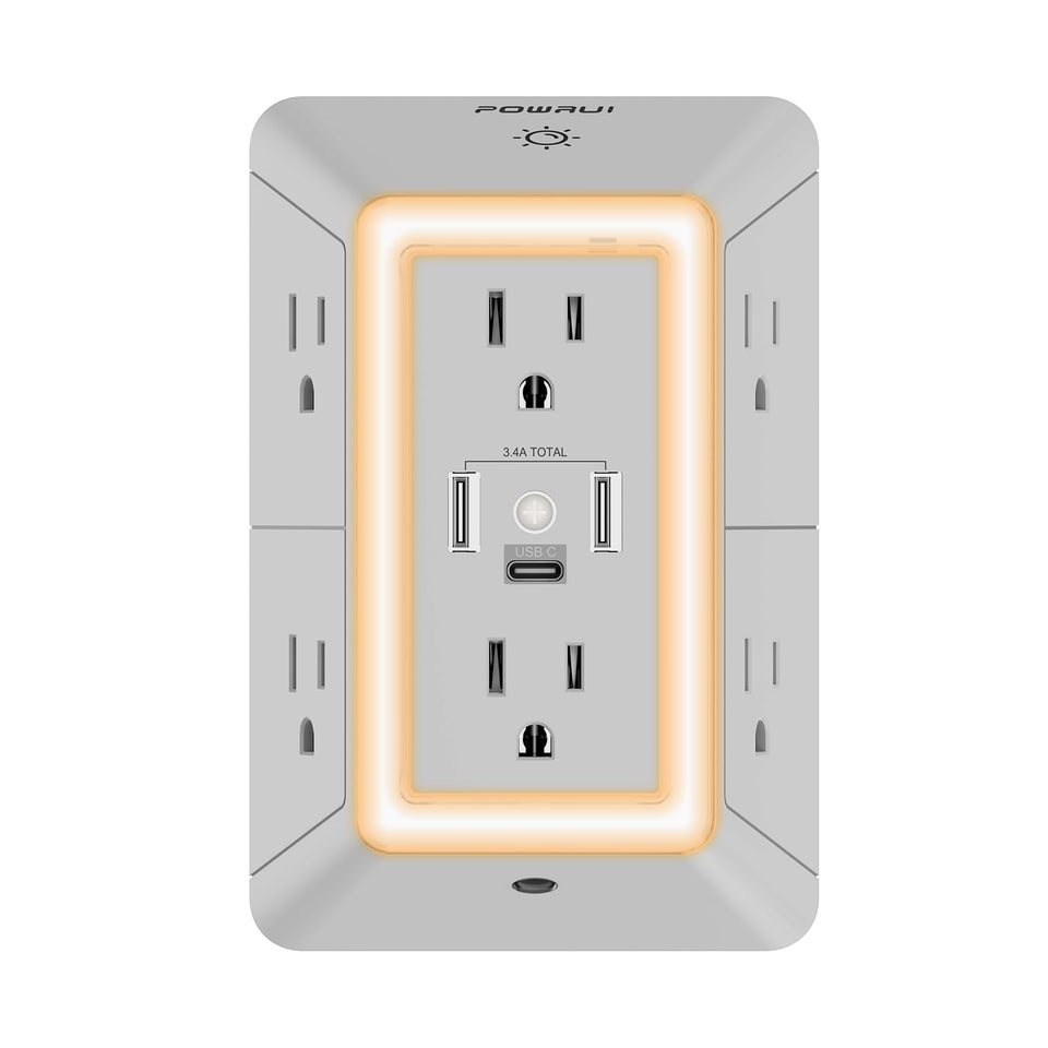 POWRUI power strip with six outlets and built-in night light for easy charging.