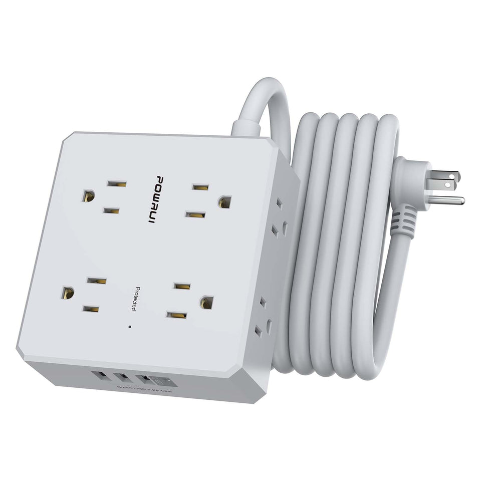 POWRUI surge protector with 10 ft flat plug protects devices during surges and keeps cables tidy.