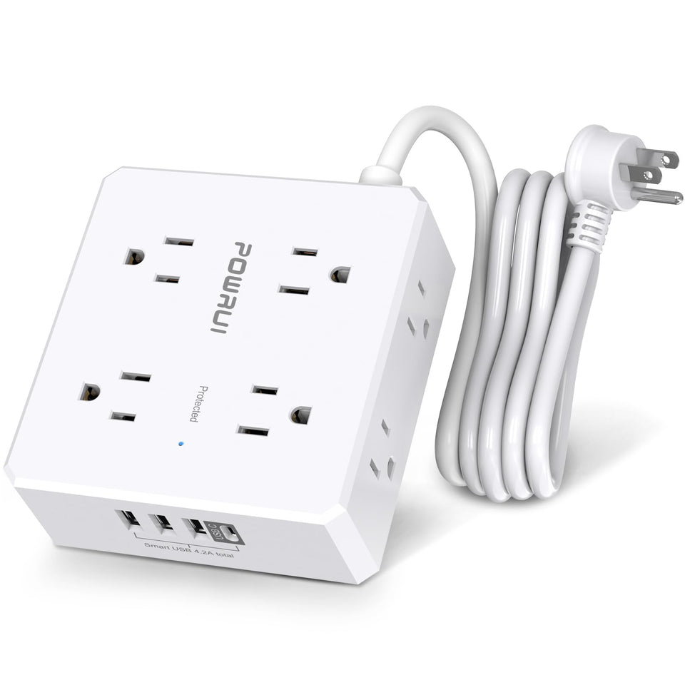 Powrui surge protector power strip with 6 ft flat plug for organized home setups.