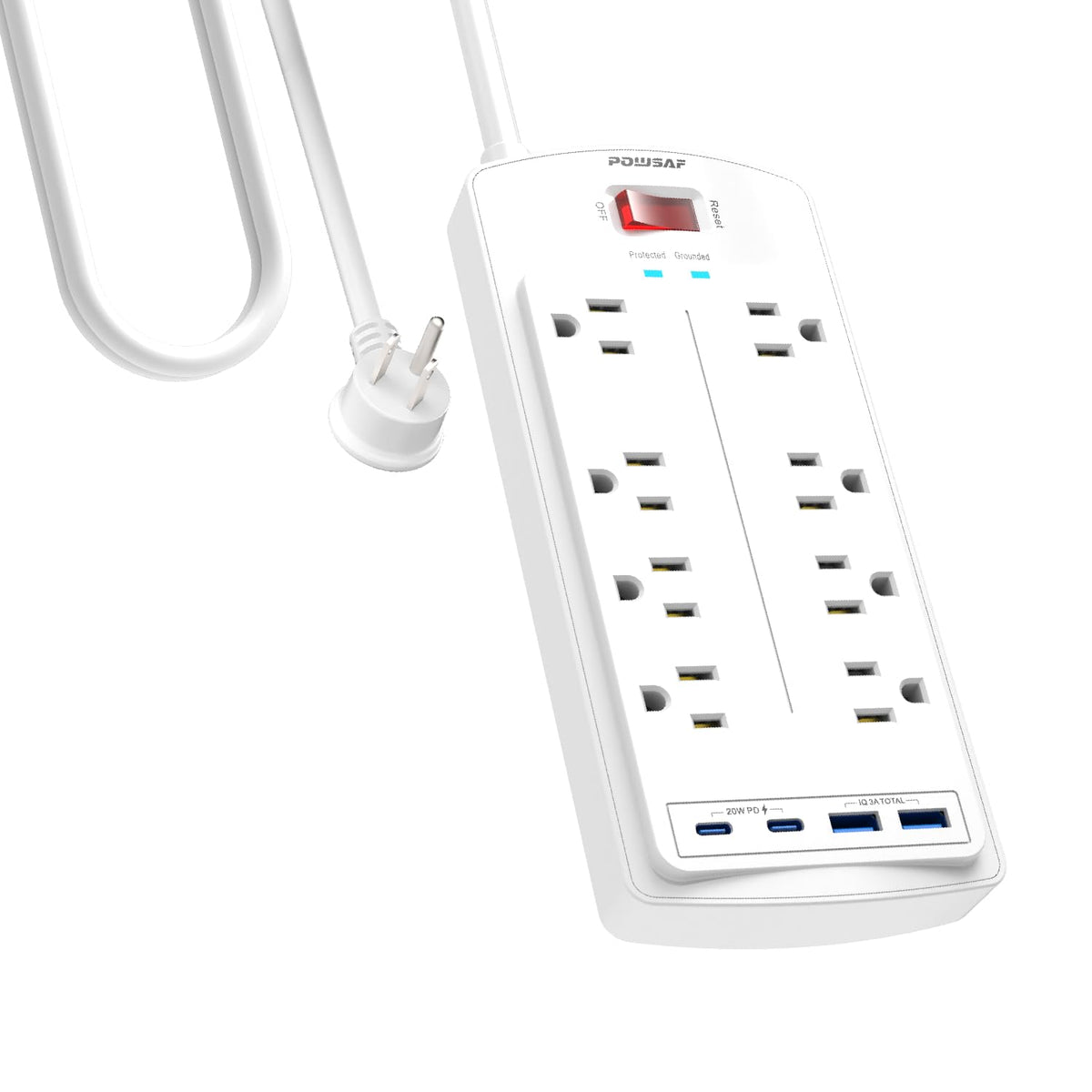 POWSAF 8-outlet surge protector shown as a reliable home office power hub