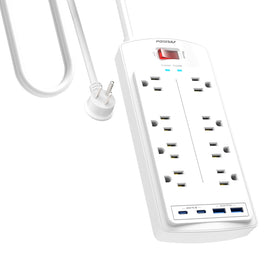 POWSAF 8-outlet surge protector shown as a reliable home office power hub