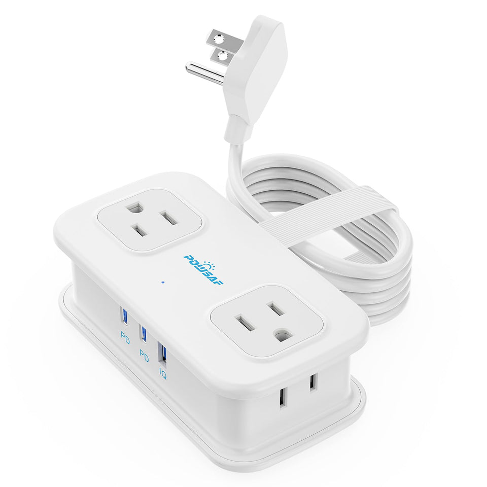 POWSAF Cruise Essentials power strip with four outlets and USB ports for travel.