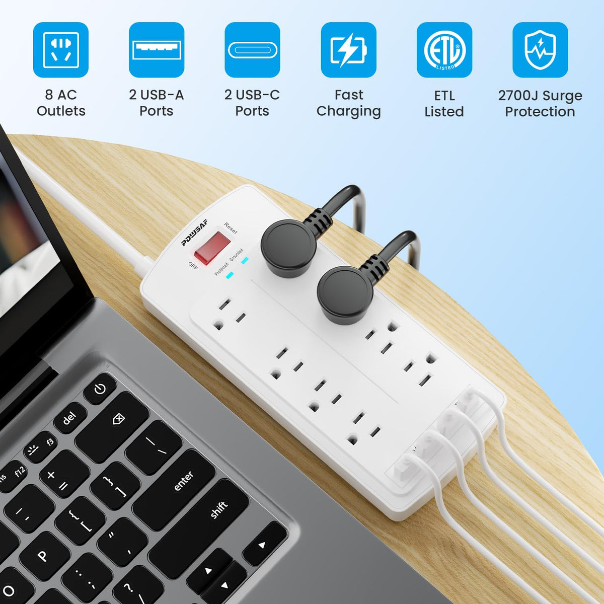 POWSAF flat plug 10ft extension cord behind a desk
