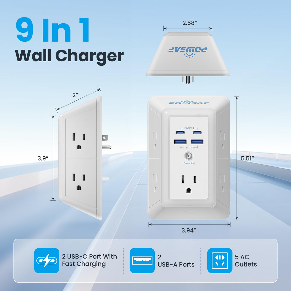 POWSAF 5-outlet setup keeps devices powered in any room.