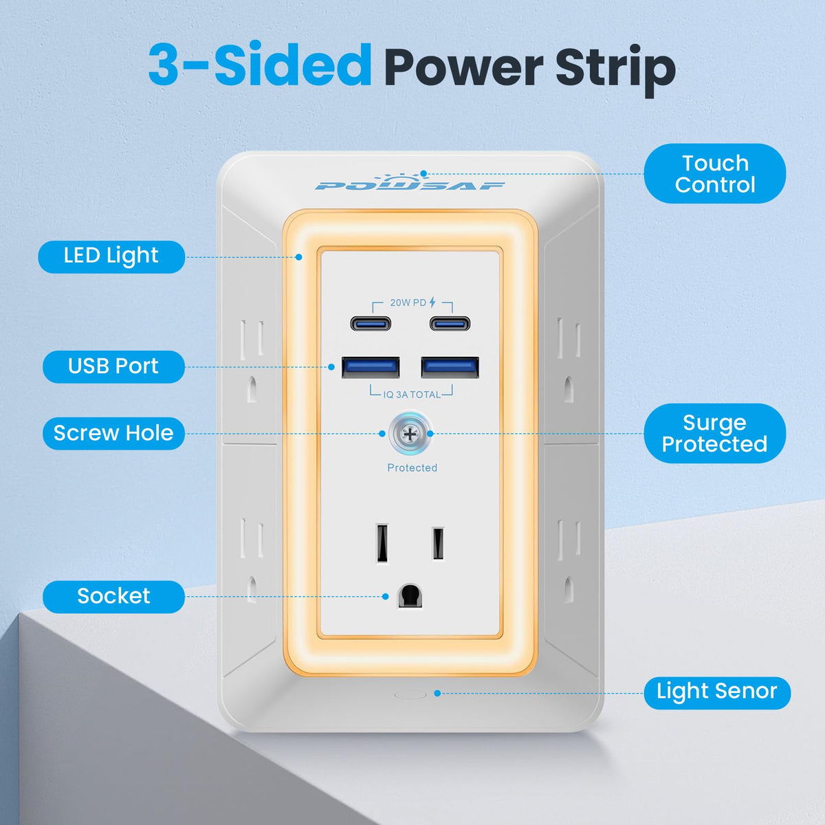 POWSAF USB ports deliver fast charging for phones and tablets.