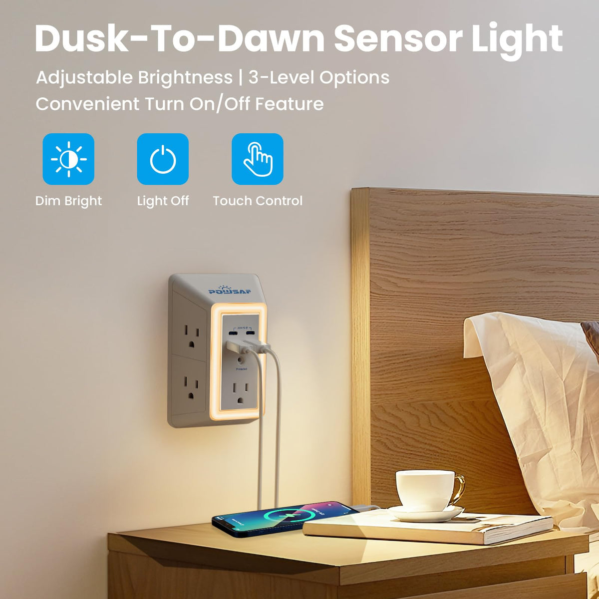 POWSAF wide-spaced outlets fit bulky plugs without crowding.