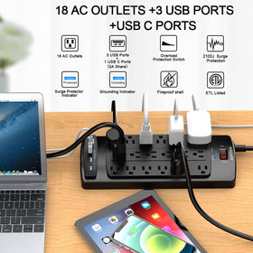 POWSAV flat plug and 10ft cord detail for low-profile placement behind furniture