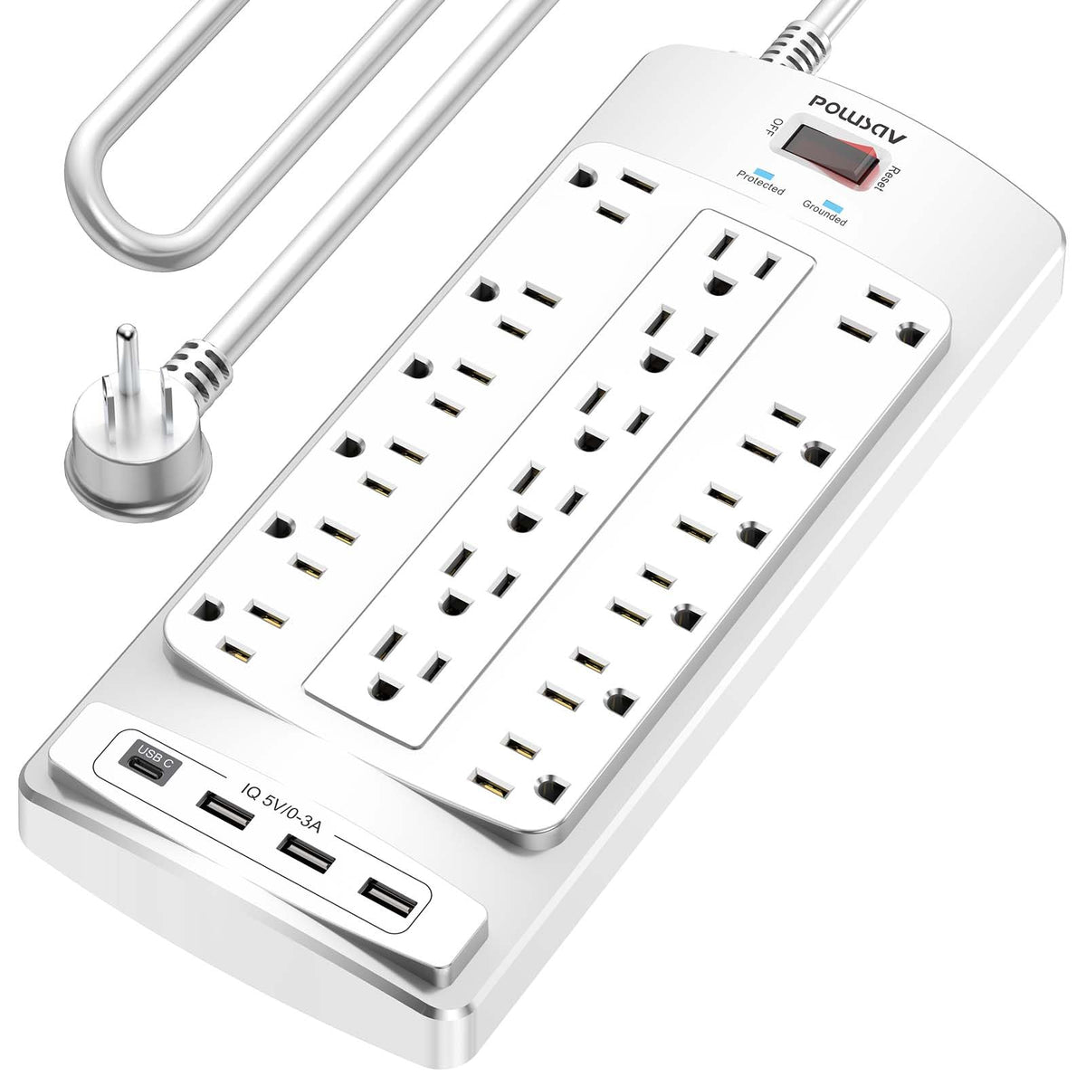 POWSAV front view of white power strip showing 18 outlets and USB convenience