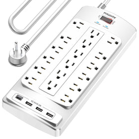 POWSAV front view of white power strip showing 18 outlets and USB convenience