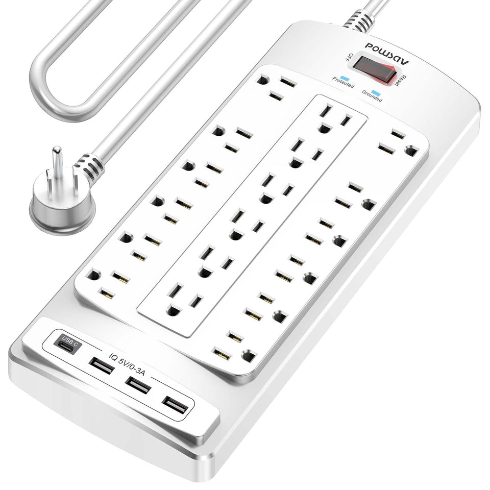 POWSAV front view of white power strip showing 18 outlets and USB convenience