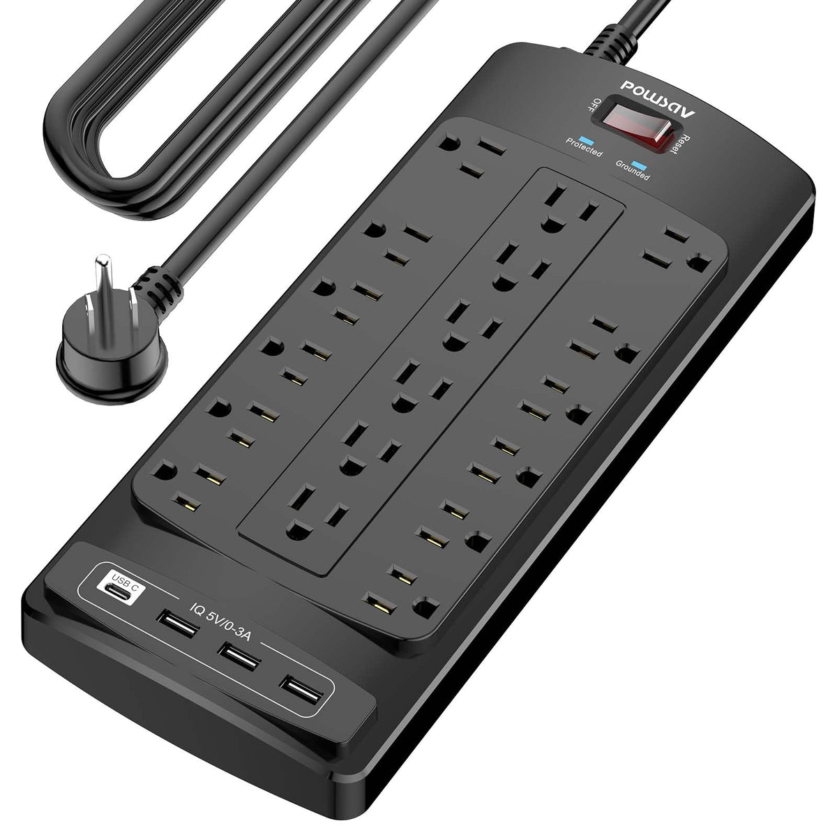 POWSAV front panel displaying 18 outlets and widespread spacing for many plugs