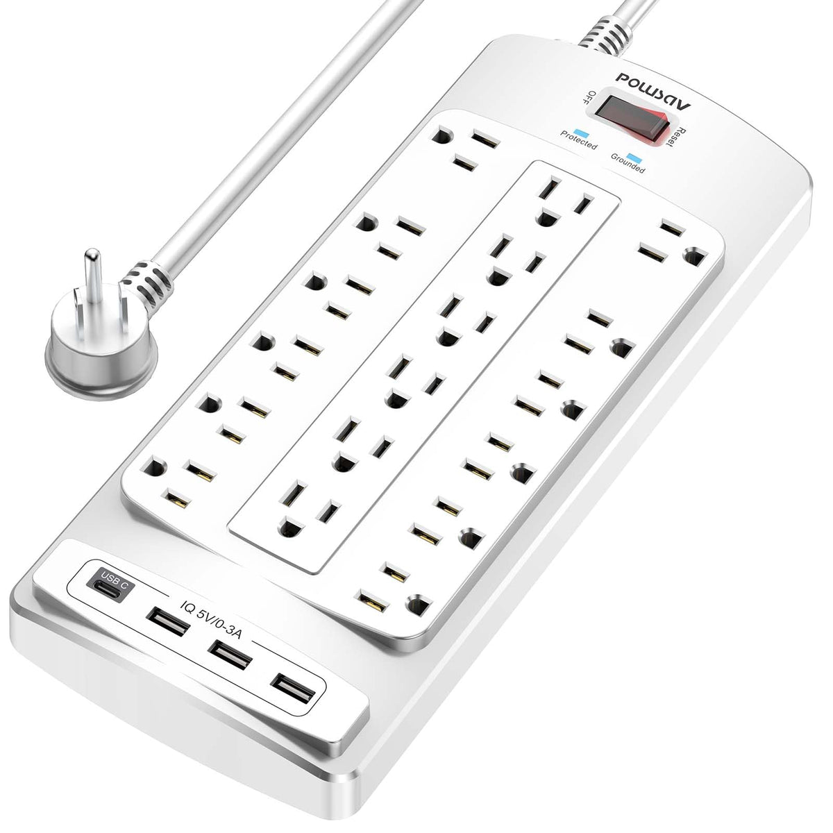 POWSAV front view showing 18 outlets and 4 USB ports for high-capacity charging