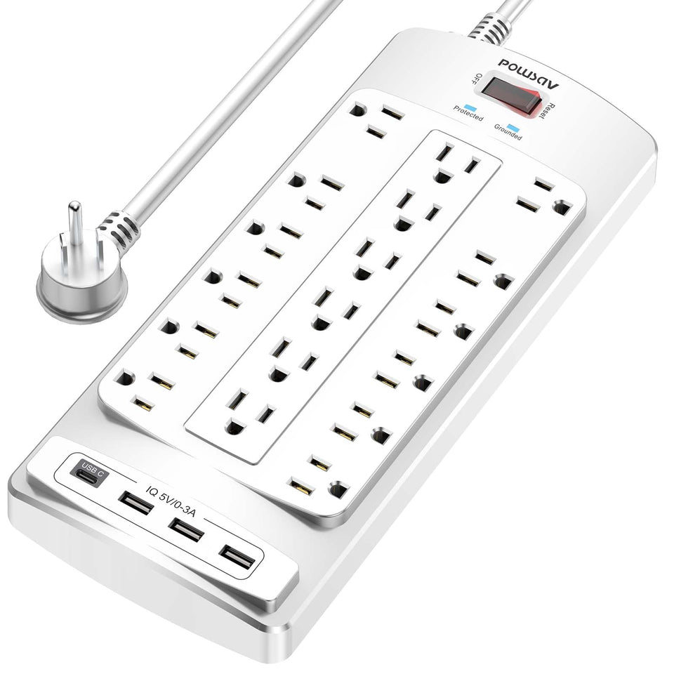 POWSAV front view showing 18 outlets and 4 USB ports for high-capacity charging