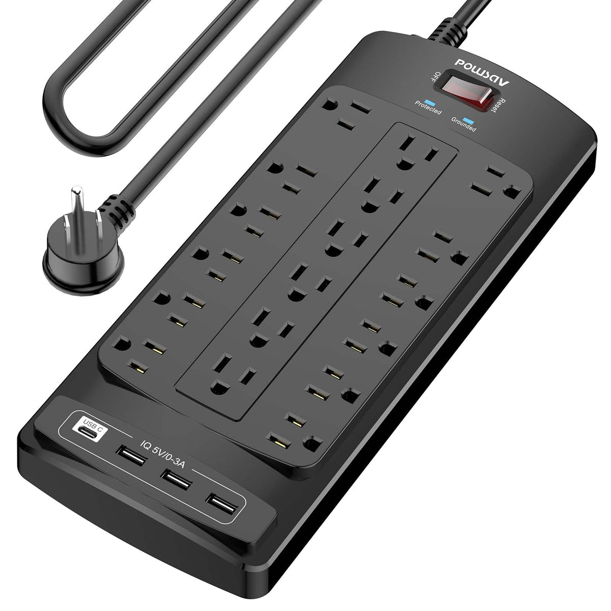 POWSAV front view showing 18 outlets and 4 USB ports for high-capacity charging