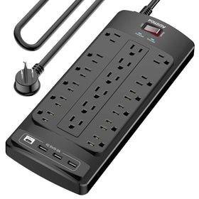 POWSAV front view showing 18 outlets and 4 USB ports for high-capacity charging