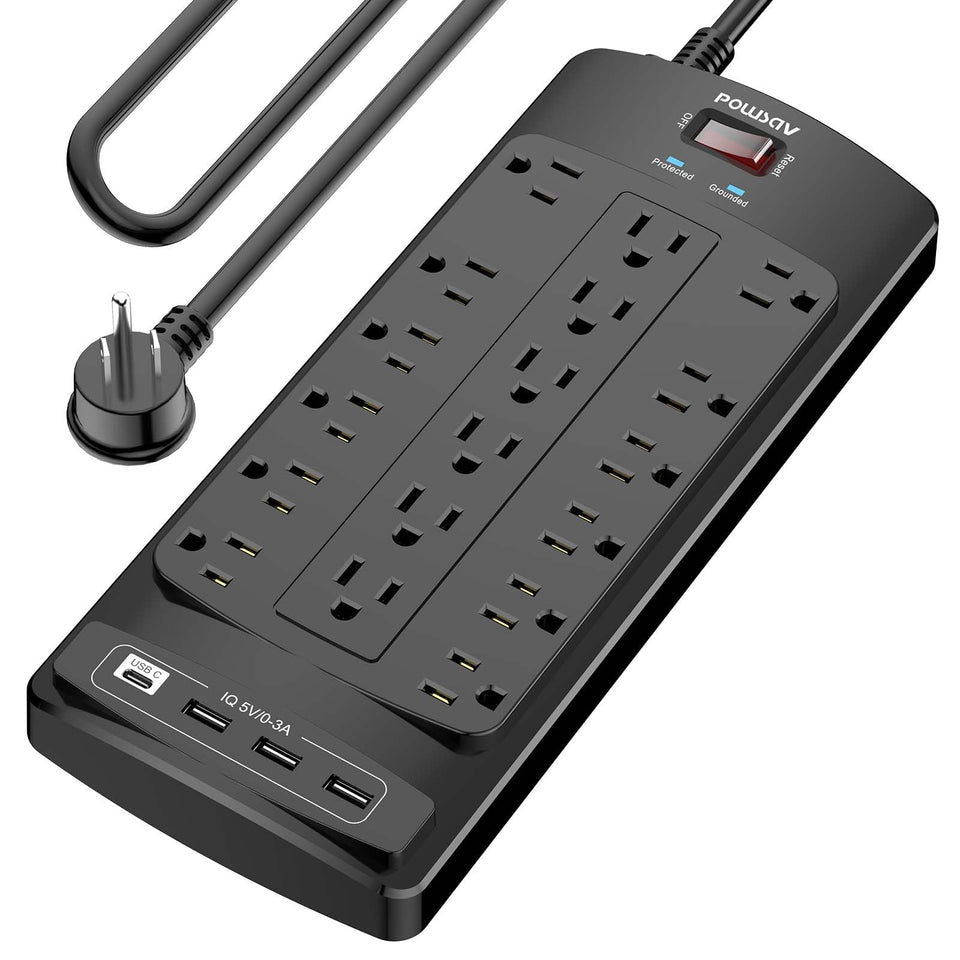 POWSAV front view showing 18 outlets and 4 USB ports for high-capacity charging