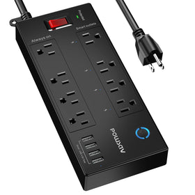 POWSAV front view showing all eight outlets and organized layout for convenience