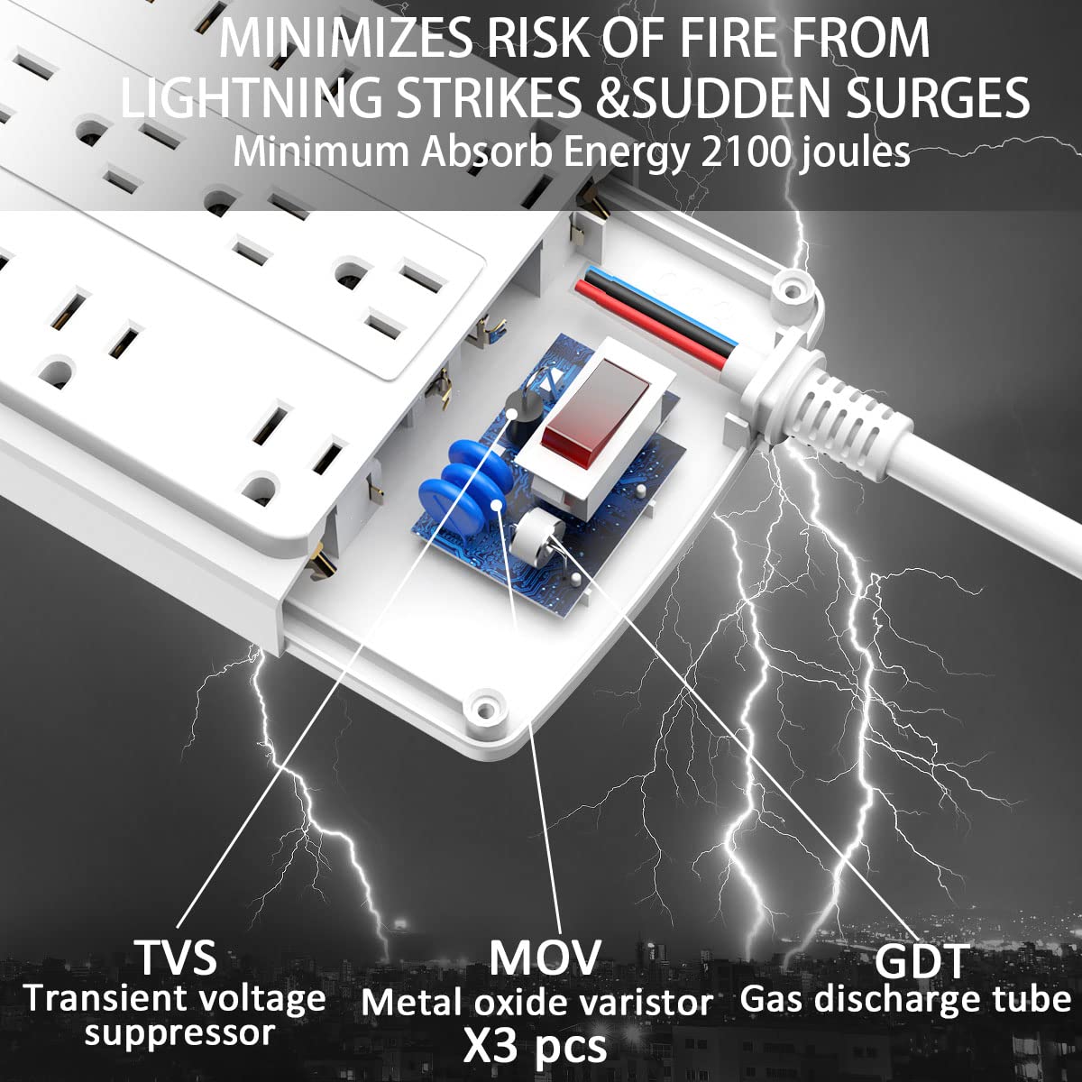 POWSAV power strip powering desk monitors, router and peripherals for organized workspace