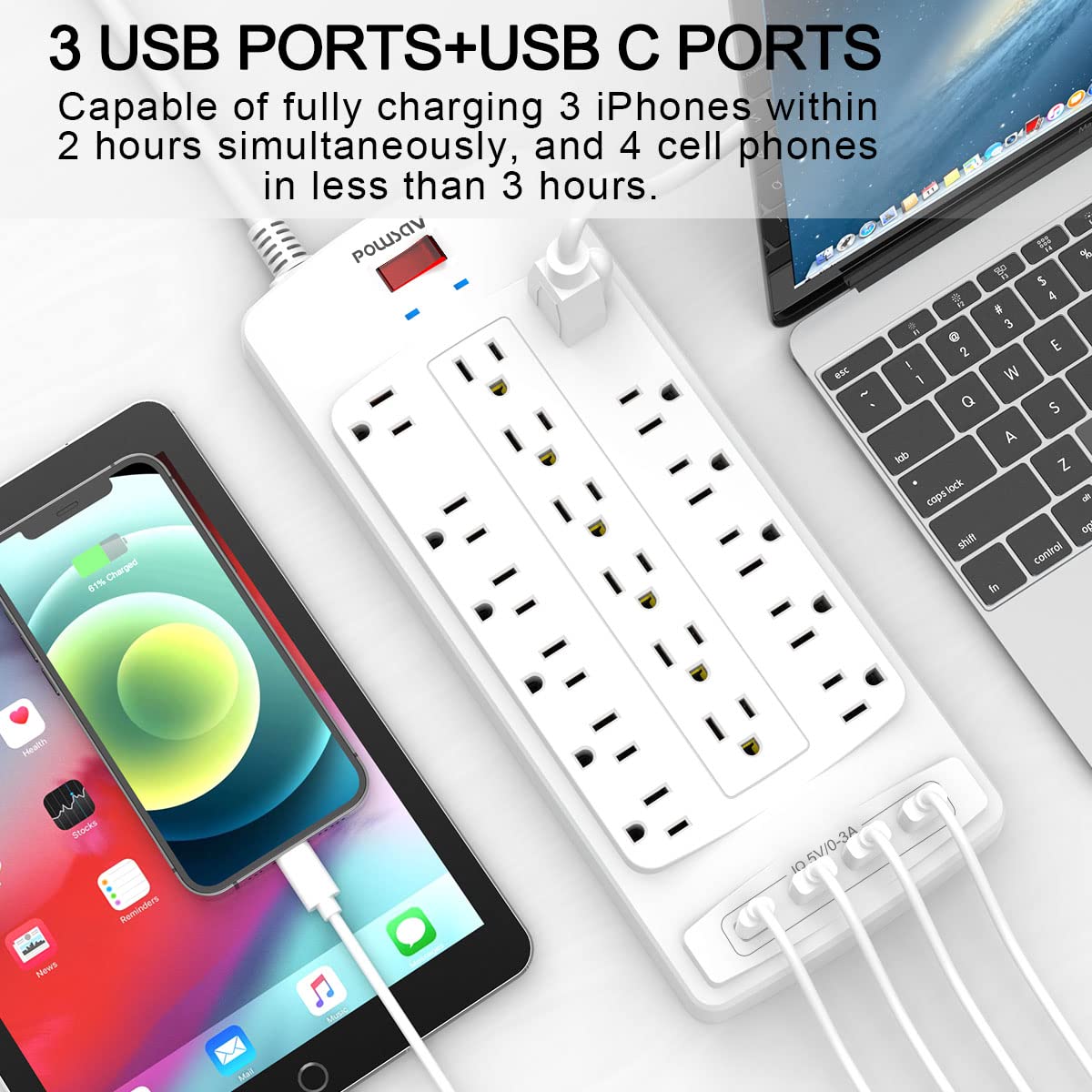 POWSAV detail of four USB ports and product labeling for fast device charging