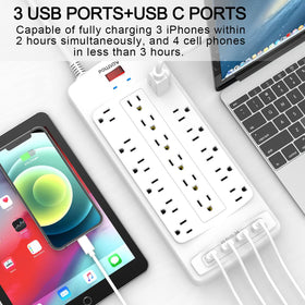 POWSAV detail of four USB ports and product labeling for fast device charging