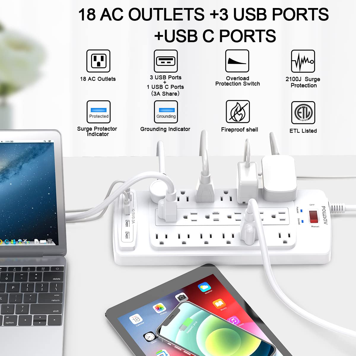 POWSAV close-up of widely spaced outlets for large adapters and tidy connections
