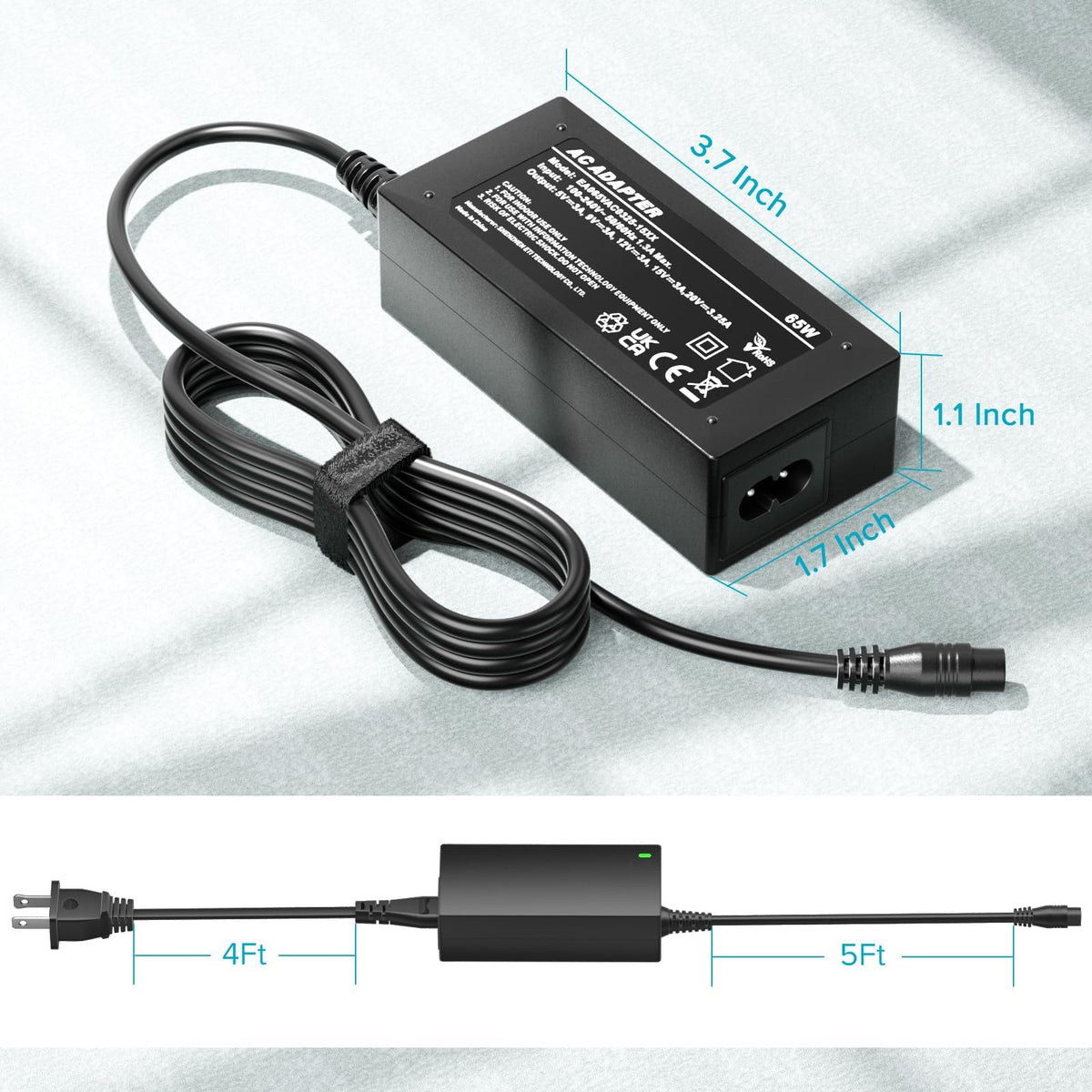 Powseed 65W charger with interchangeable connectors for flexibility.
