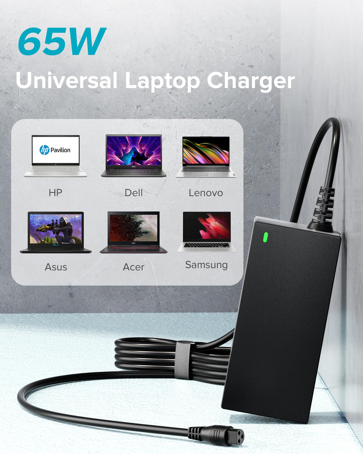 Powseed 65W charger in compact design for easy storage.