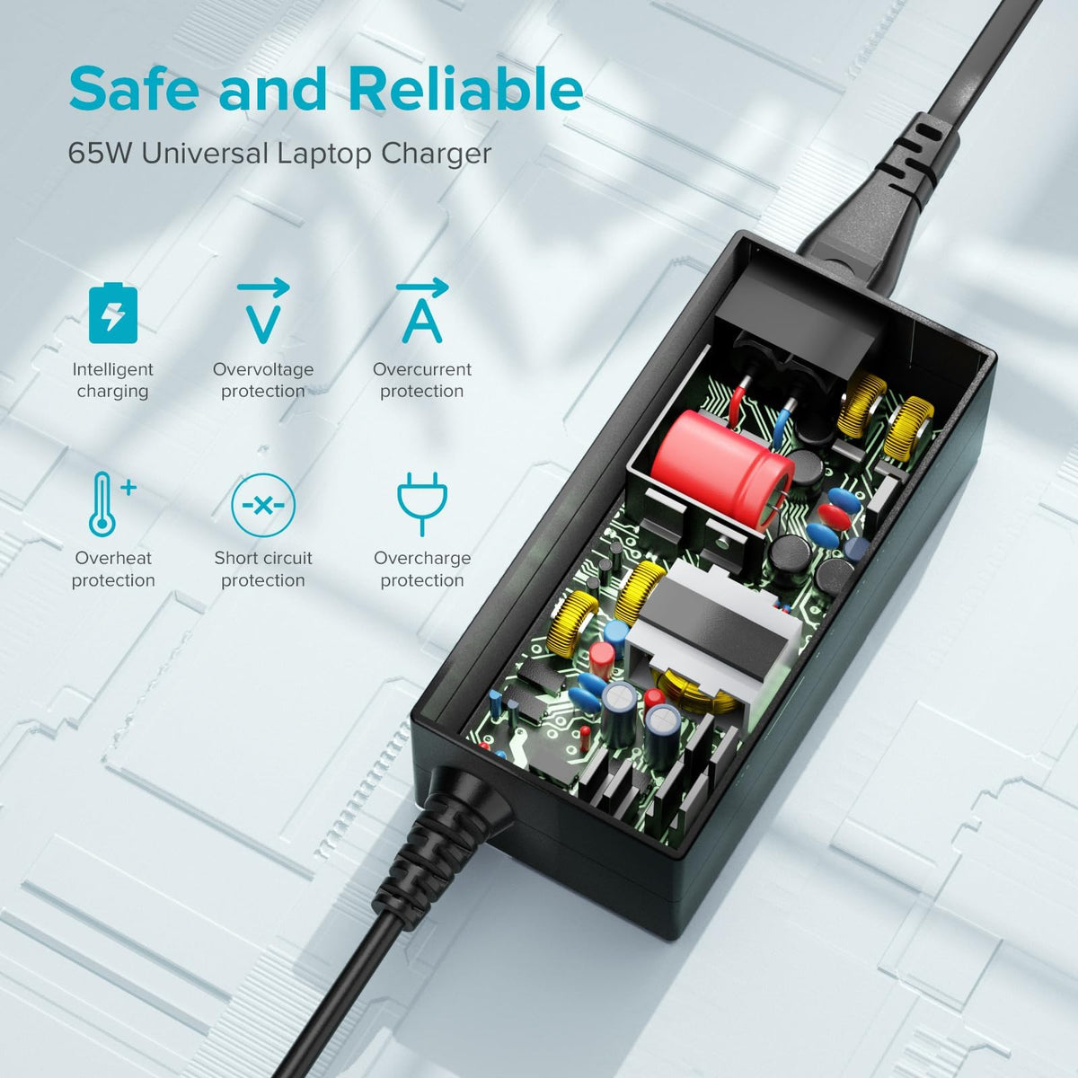 Powseed 65W charger compatible with Dell, HP, and Asus models.