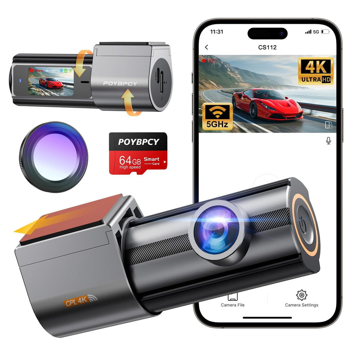 POYBPCY front view showing compact dash cam and discreet fit behind mirror with clear framing