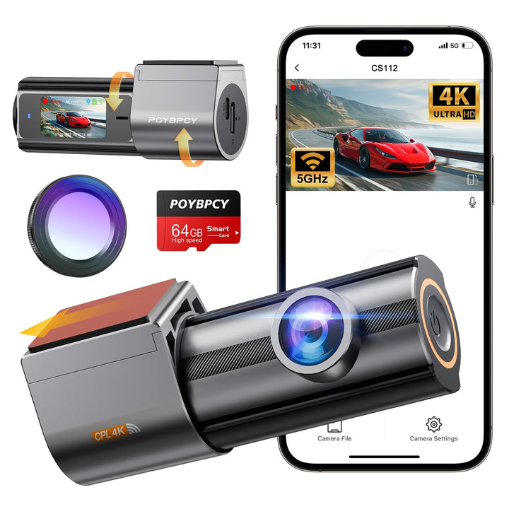 POYBPCY front view showing compact dash cam and discreet fit behind mirror with clear framing