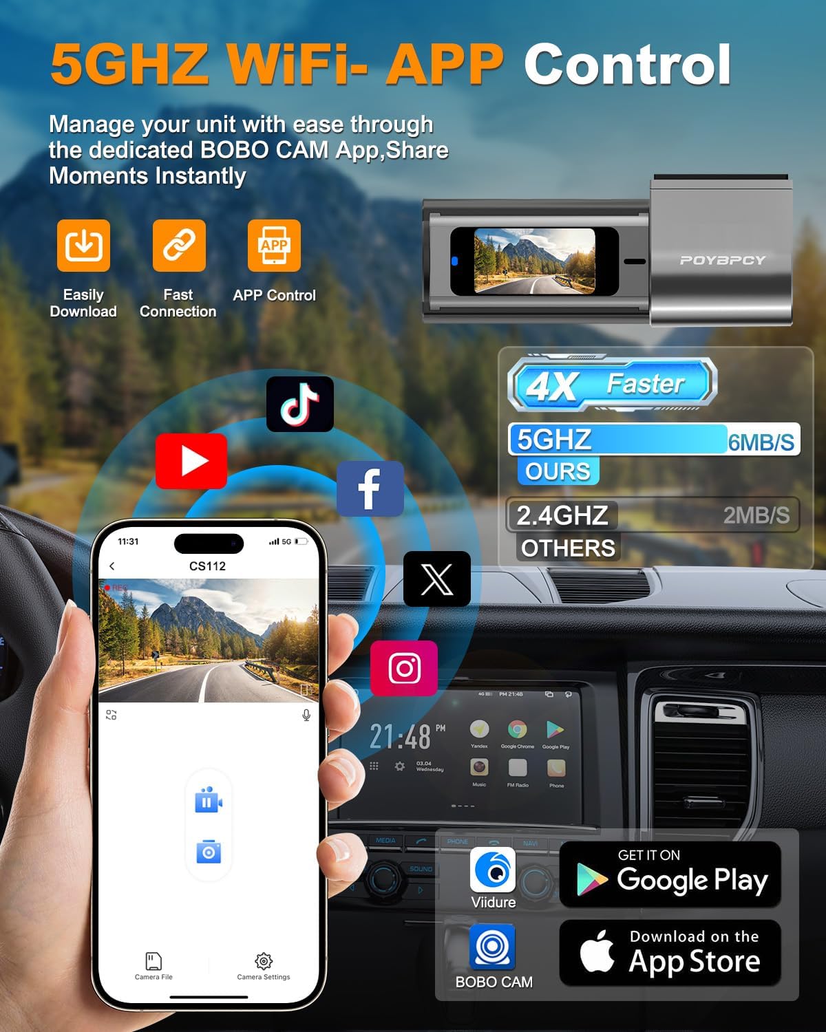 POYBPCY dash cam mounted and rotated to show flexible 360° angle adjustment for coverage