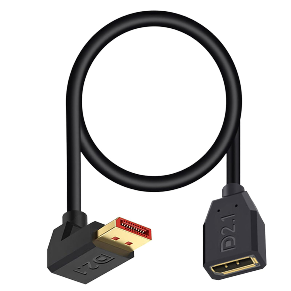 Poyiccot DisplayPort 2.1 cable with 90-degree angle for space-saving connections.